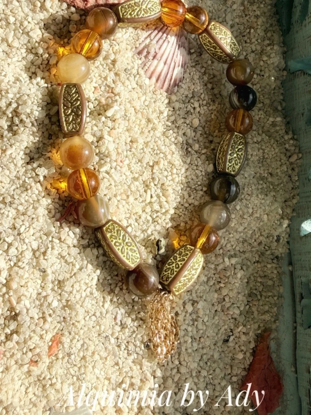 Alquimia Gold and Brown Agate Bead Bracelet with Crystal Cross Charm